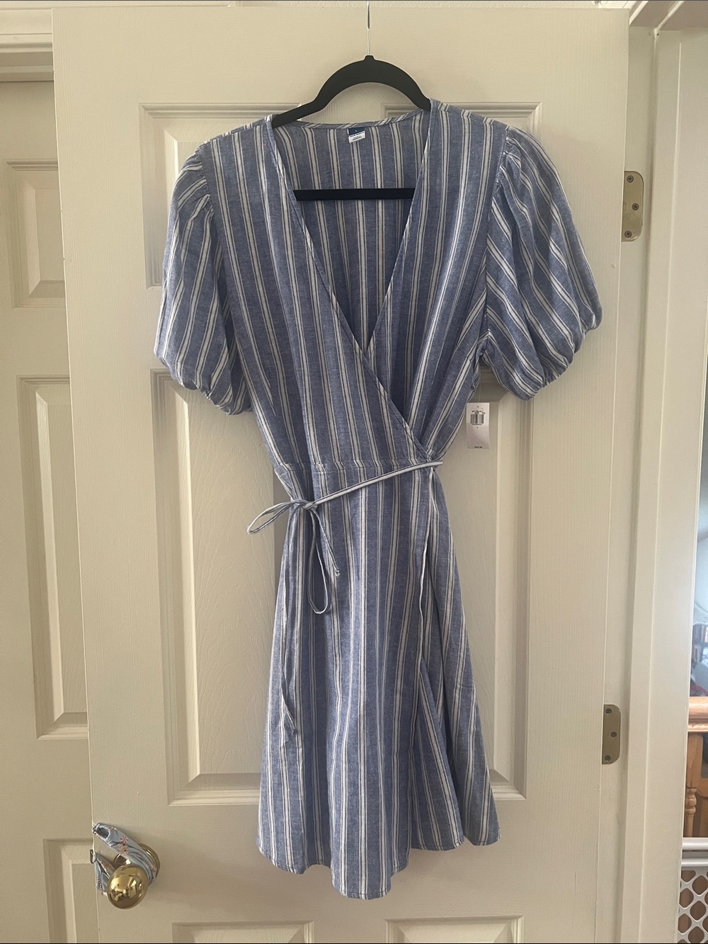 Old Navy Blue and White Striped Wrap Dress with Puff Sleeves